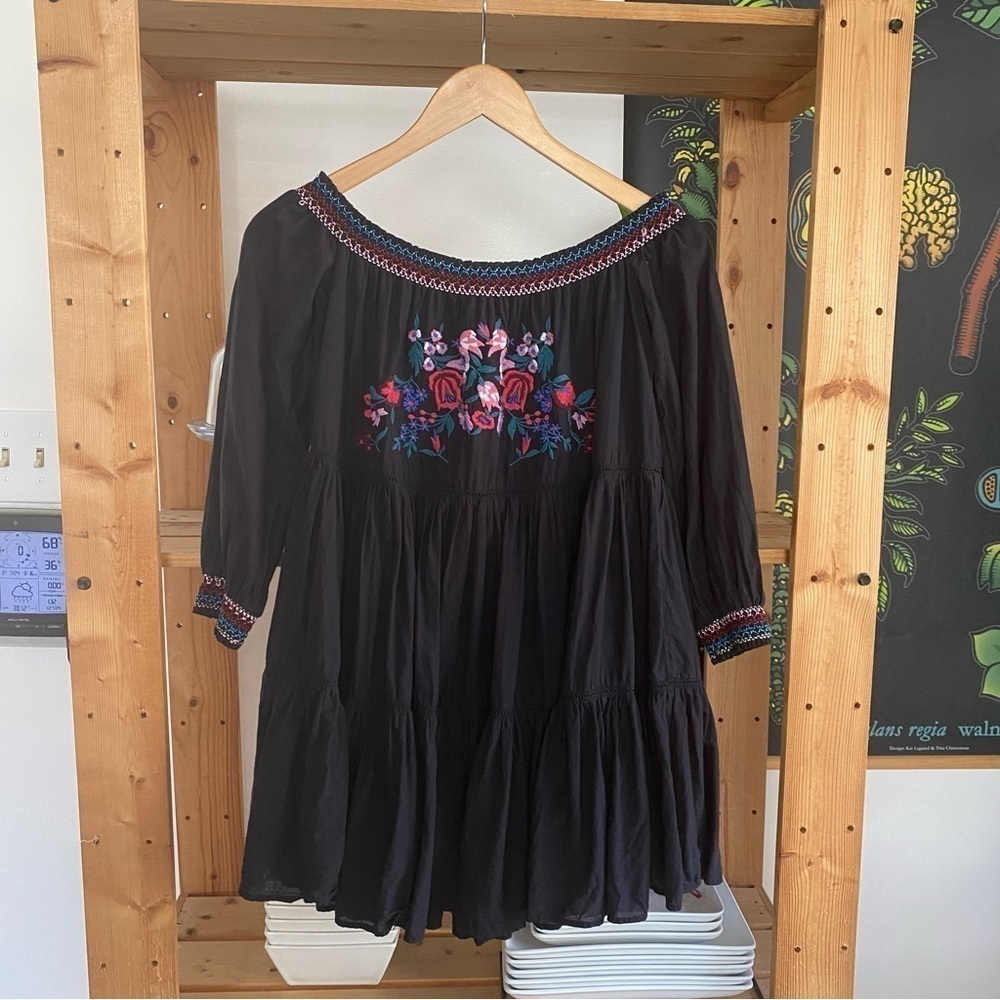 Free People Black Floral Embroidered Off The Shoulder Sunbeams Mini Dress XS - Picture 4 of 16